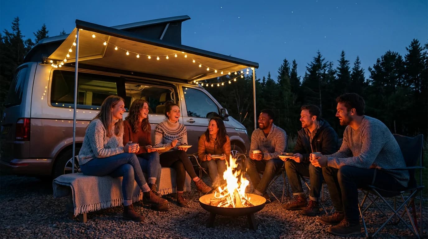 Friends gathered around a campfire beside a campervan at dusk – CamperTrader community