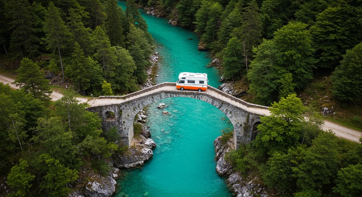 Kampervan przy starym kamiennym moście nad turkusową rzeką