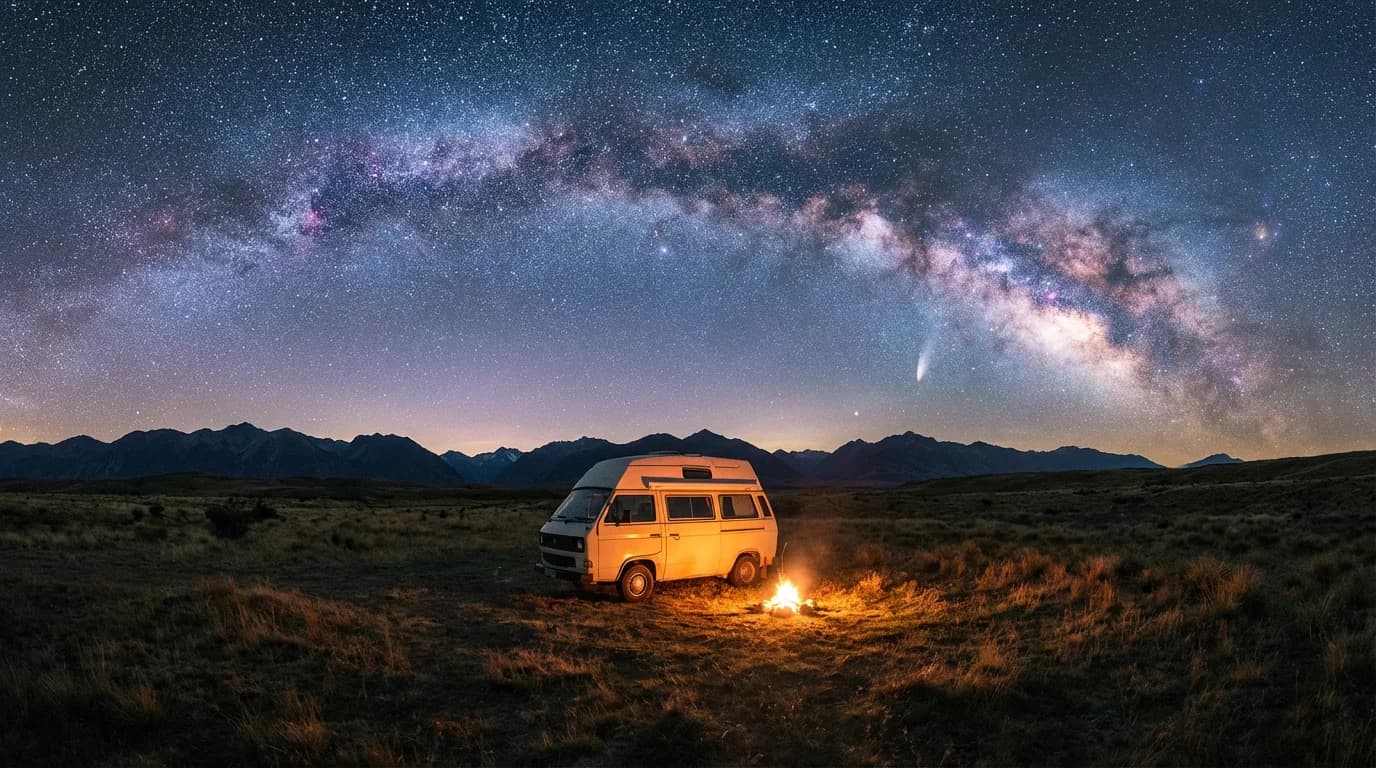 Kamper pod Drogą Mleczną z ogniskiem na pierwszym planie