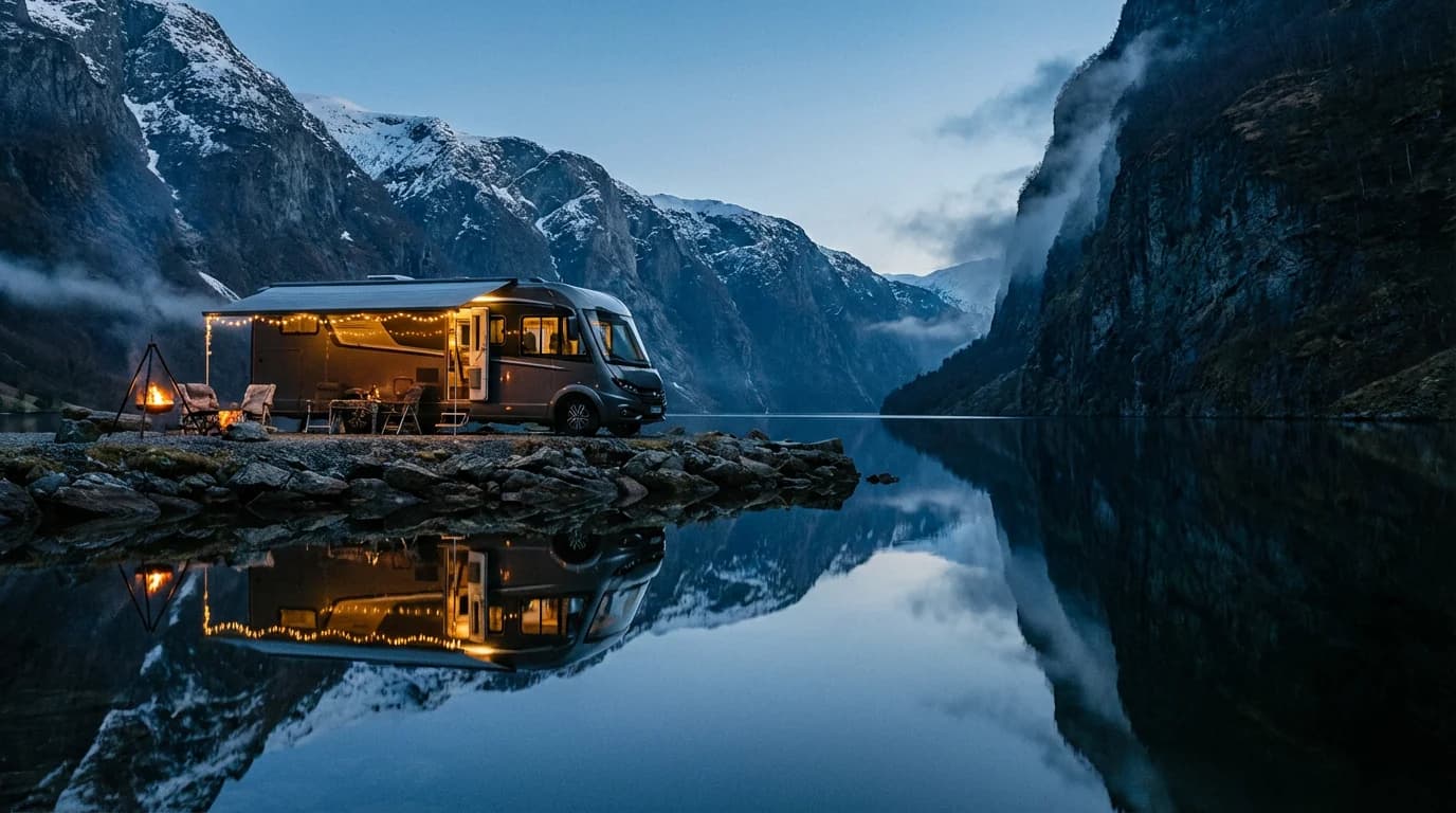 Luksusowy kamper integralny nad norweskim fiordem