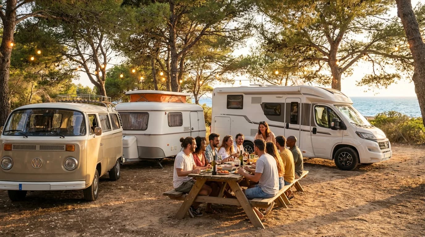 Trzy kampery na śródziemnomorskim kempingu — wspólny posiłek
