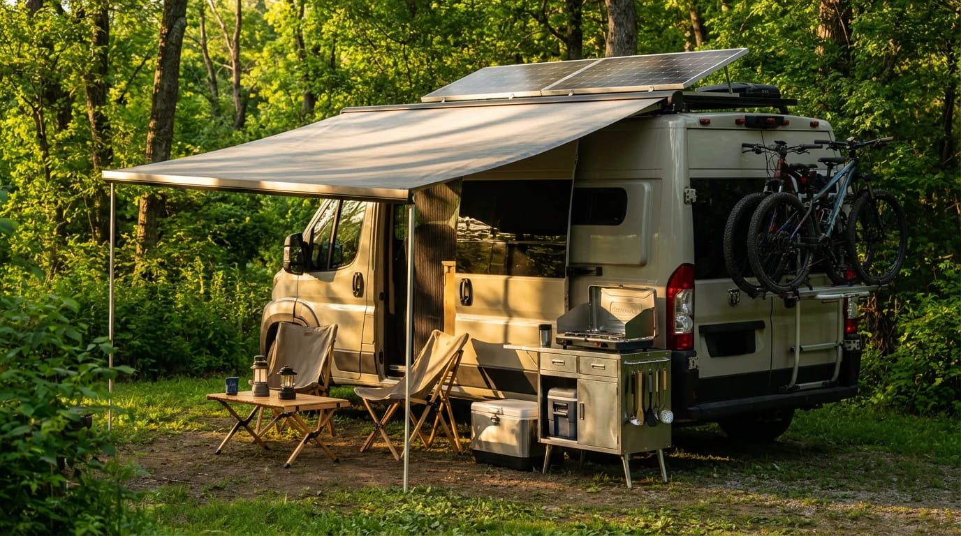 W pełni wyposażony kamper z markizą, kuchnią polową i panelami solarnymi