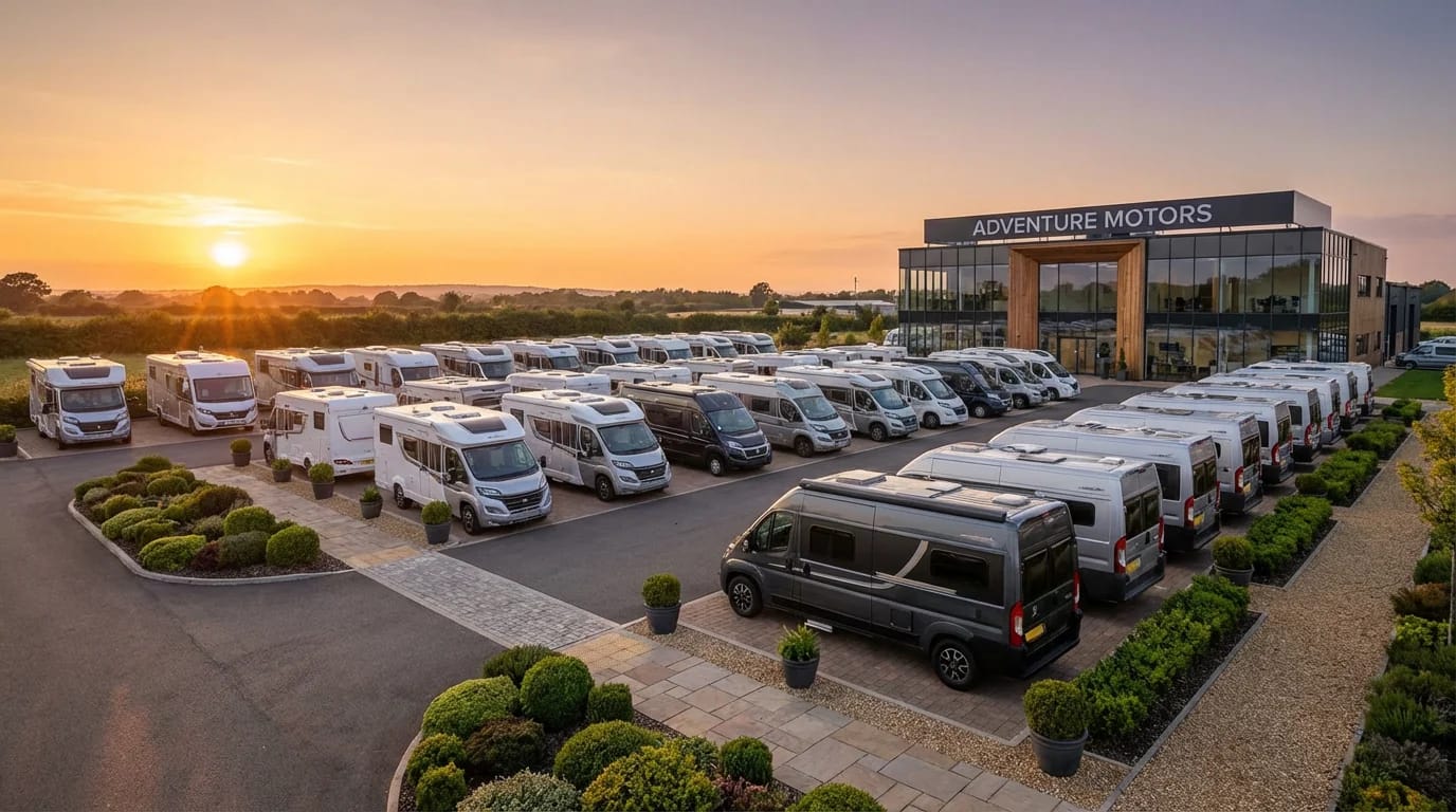 Salon dealerski kamperów z rzędem pojazdów na wystawie