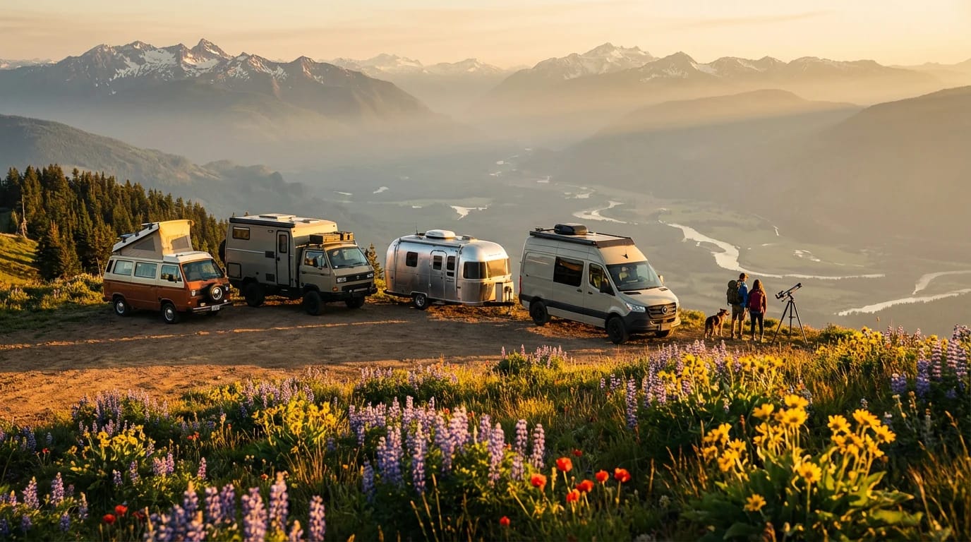 Kampery i kampervan na panoramicznym punkcie widokowym w górach – przeglądaj oferty CamperTrader