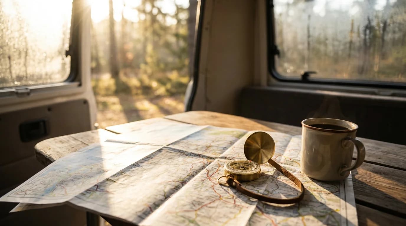 Mapa i kompas na stole w kamperze – przewodnik FAQ CamperTrader