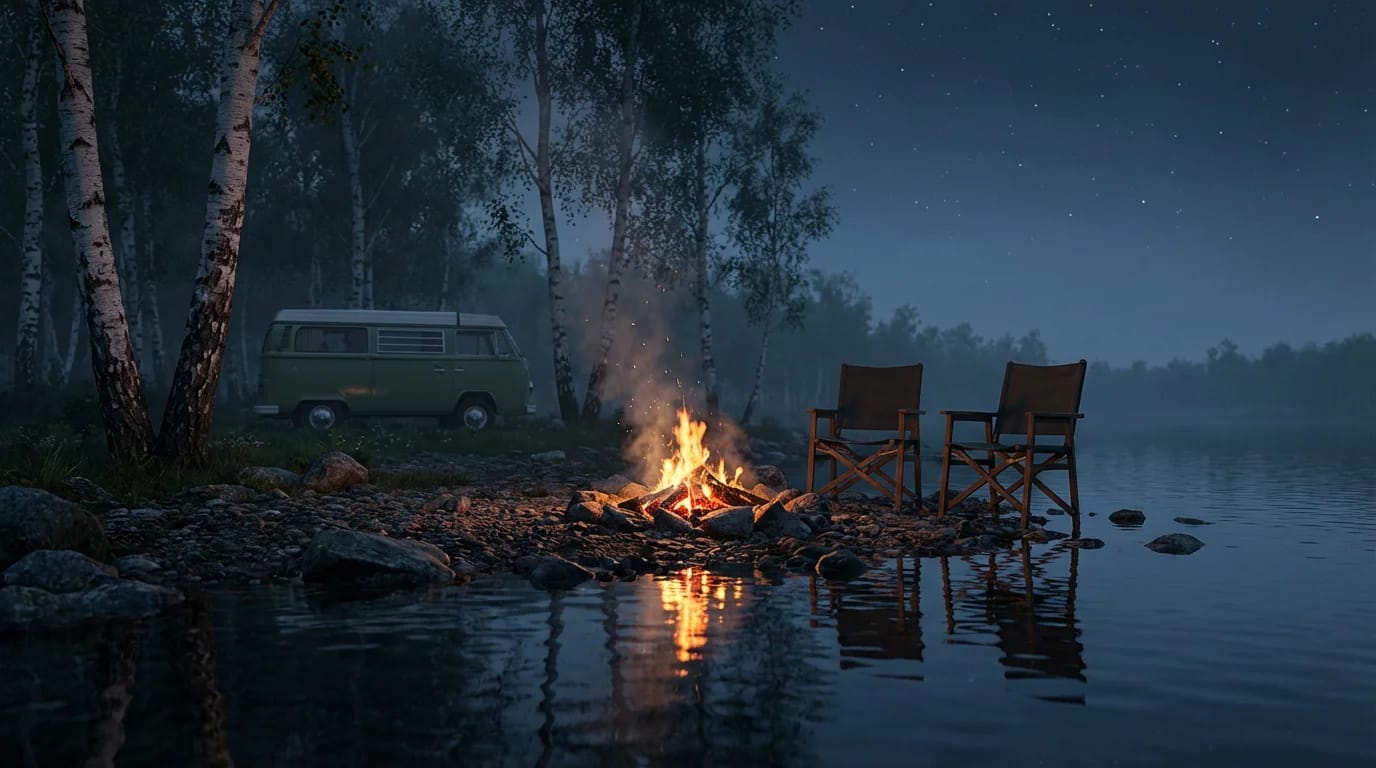 Wieczorne ognisko nad jeziorem z kamperem w tle o zmierzchu