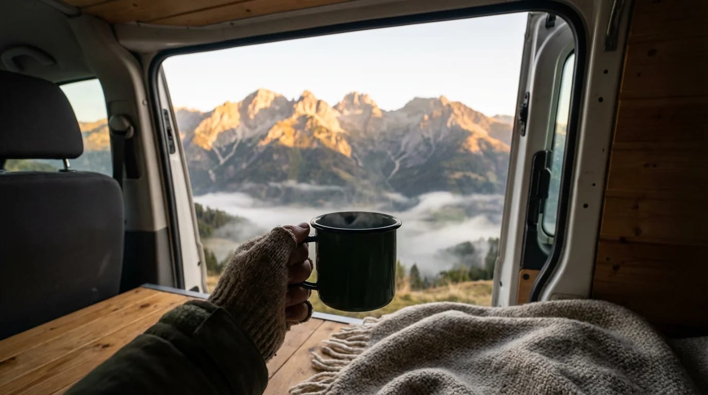 Ręka trzymająca kubek kawy z widokiem na góry z kampera o wschodzie słońca