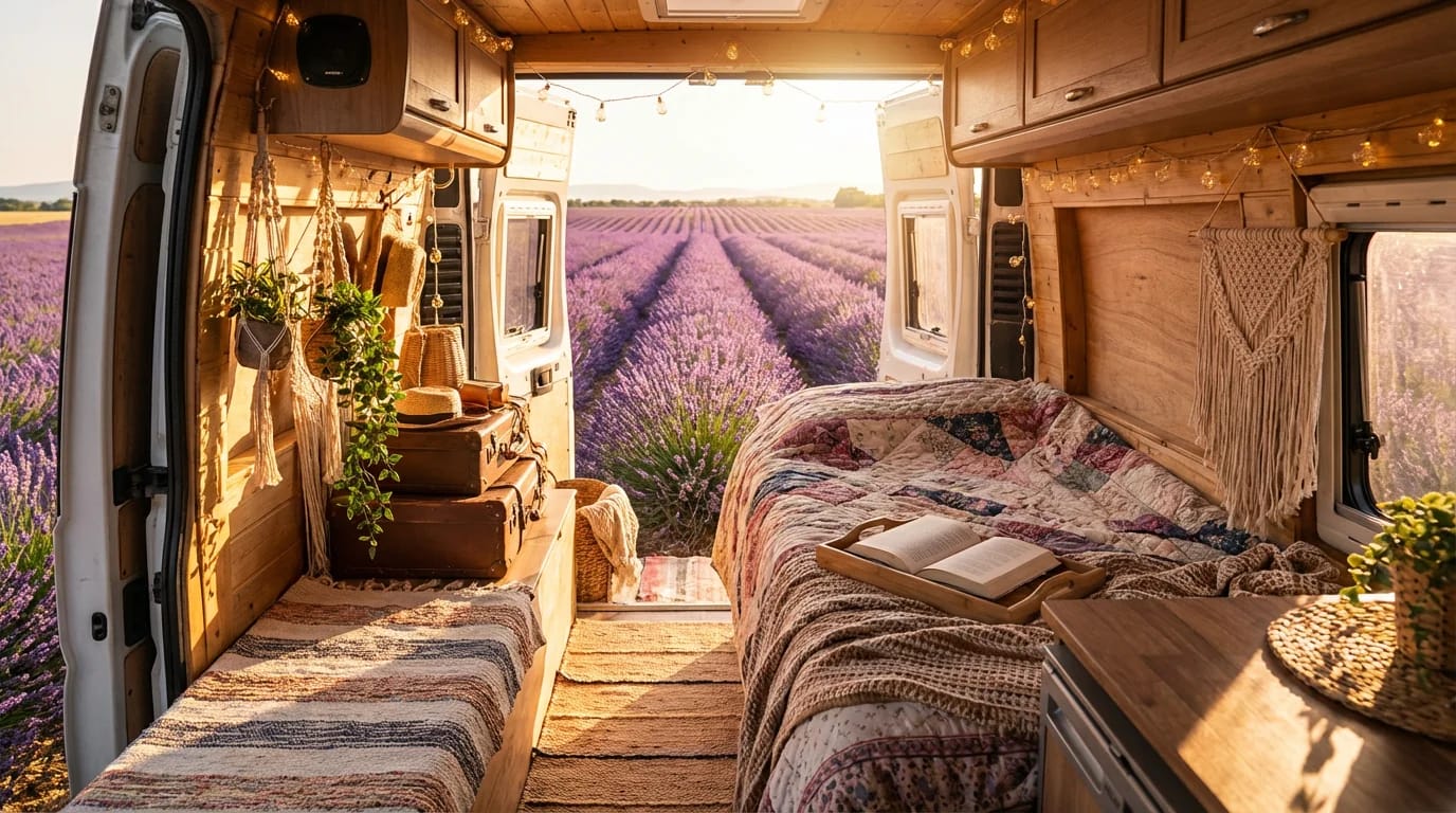 Przytulne wnętrze kampera z widokiem na lawendowe pole i lampkami