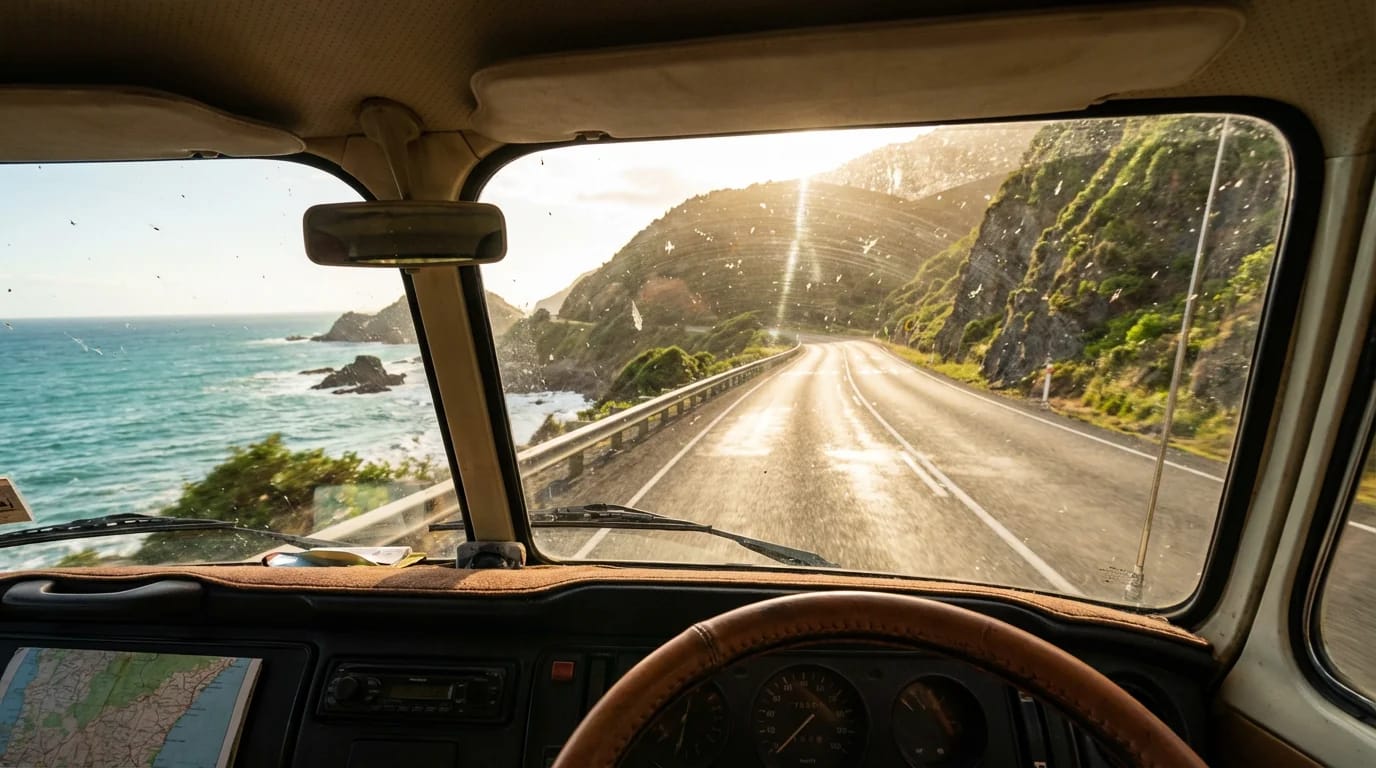 Widok przez szybę kampera na nadmorską drogę w złotym świetle