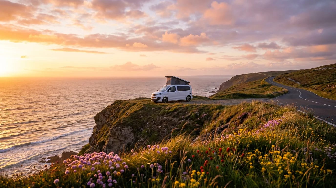 Biały kampervan na nadmorskim klifie o zachodzie słońca
