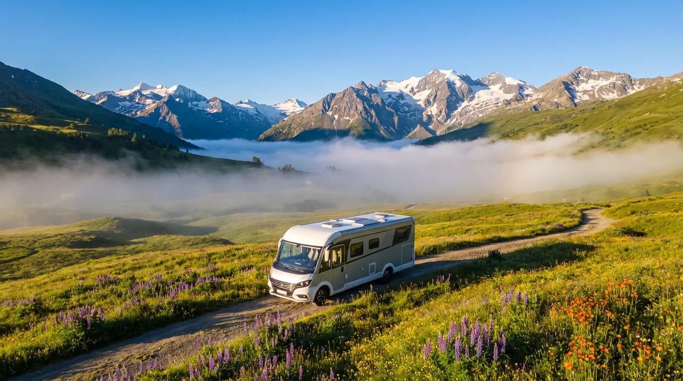 Kamper półintegralny na łące w Alpach o świcie